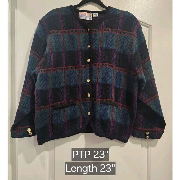 Tally Ho Cardigan Sweater VINTAGE! Womens Plaid Gold Buttons‎ EUC XL or 2X - Picture 1 of 8